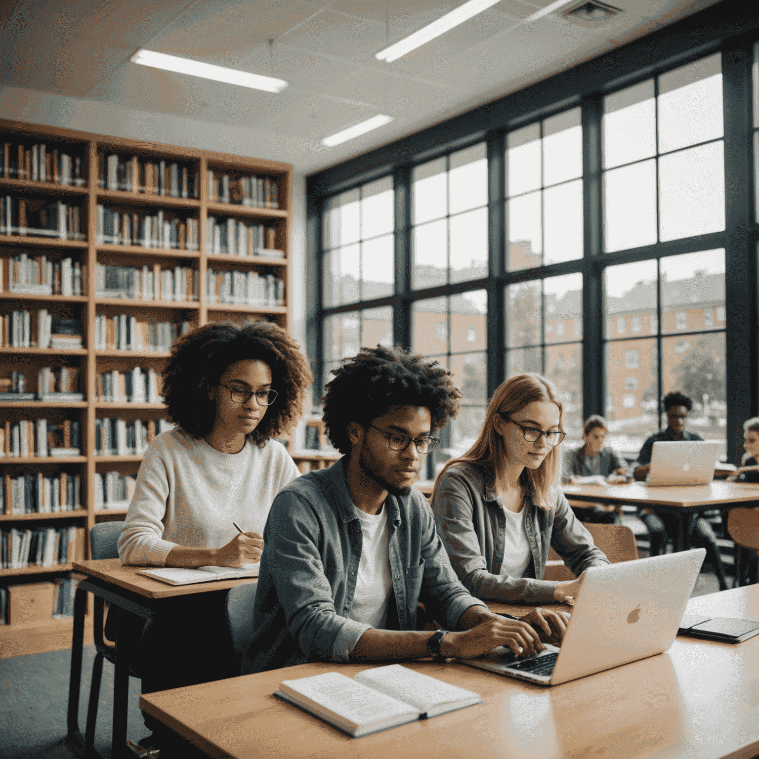 Grupa zróżnicowanych studentów pracujących razem w nowoczesnej bibliotece, korzystających z laptopów i tabletów. W tle widoczne są regały z książkami i duże okna wpuszczające naturalne światło.